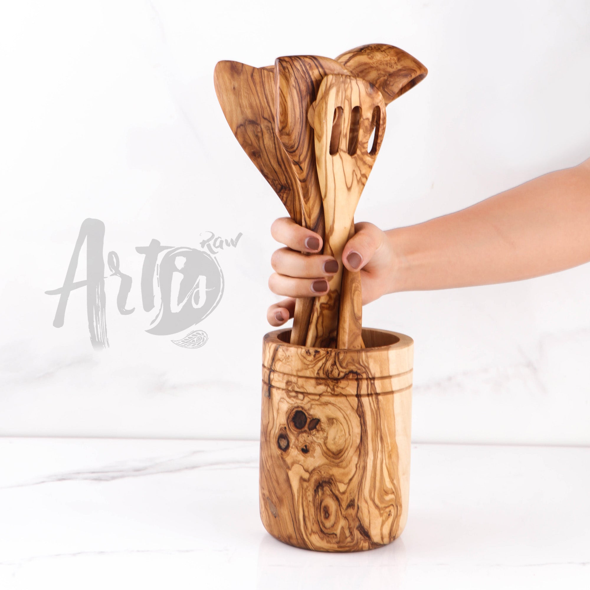 Utensil Holder for 5 Spoons Olive Wood - ArtisRaw
